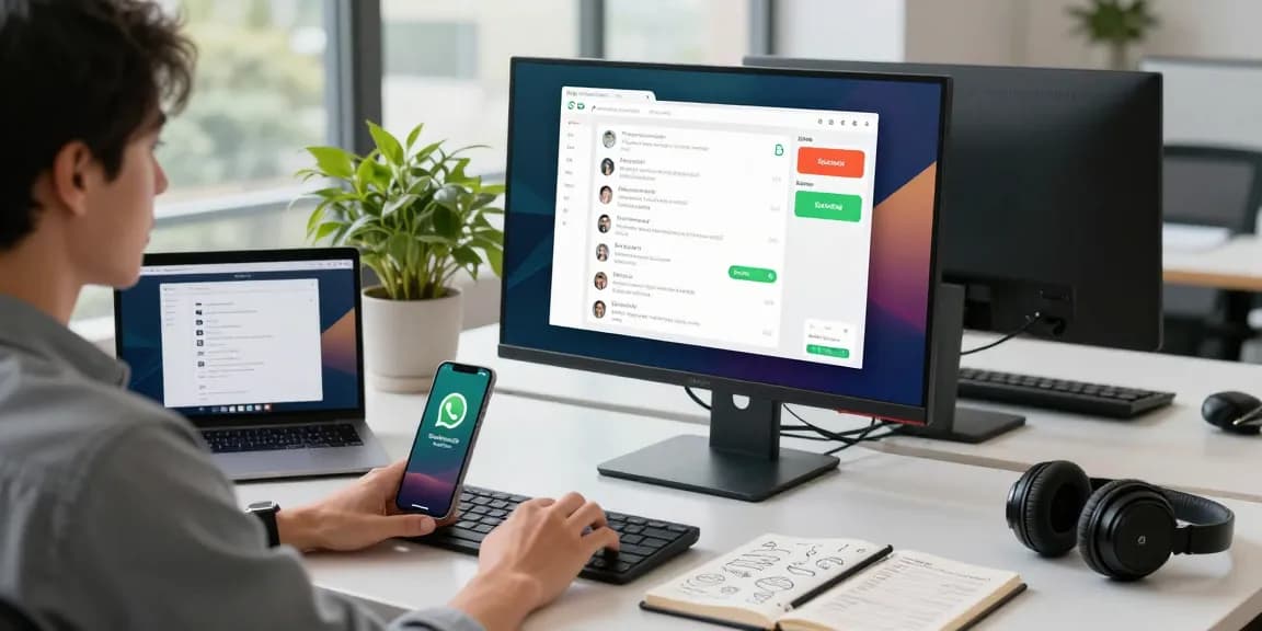 Engaging user utilizing WhatsApp電腦版 on a modern desktop setup with chat notifications.