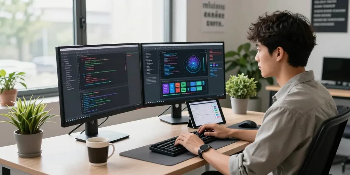 A software developer using AI tools 2026 at a modern workspace, featuring dual monitors and tech gadgets.