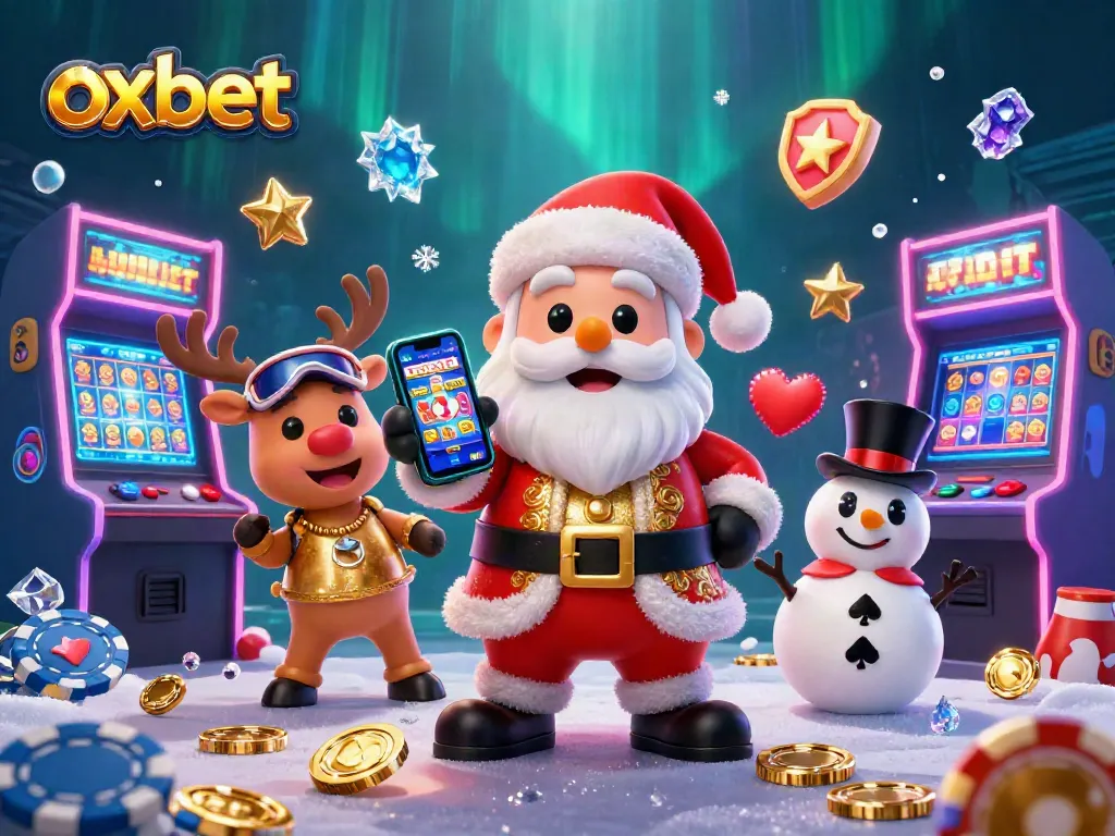 Experience the excitement of oxbet with Santa, reindeer, and snowman in a vibrant casino scene.