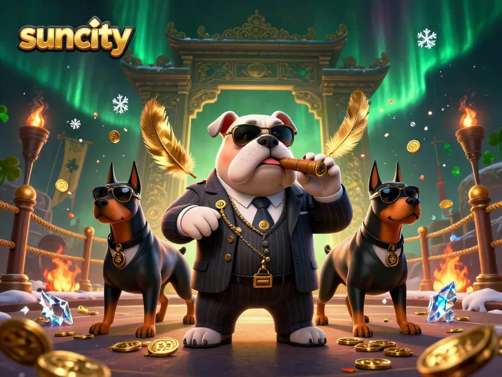 Win big with suncity's thrilling casino scene featuring mafia characters and golden coins.