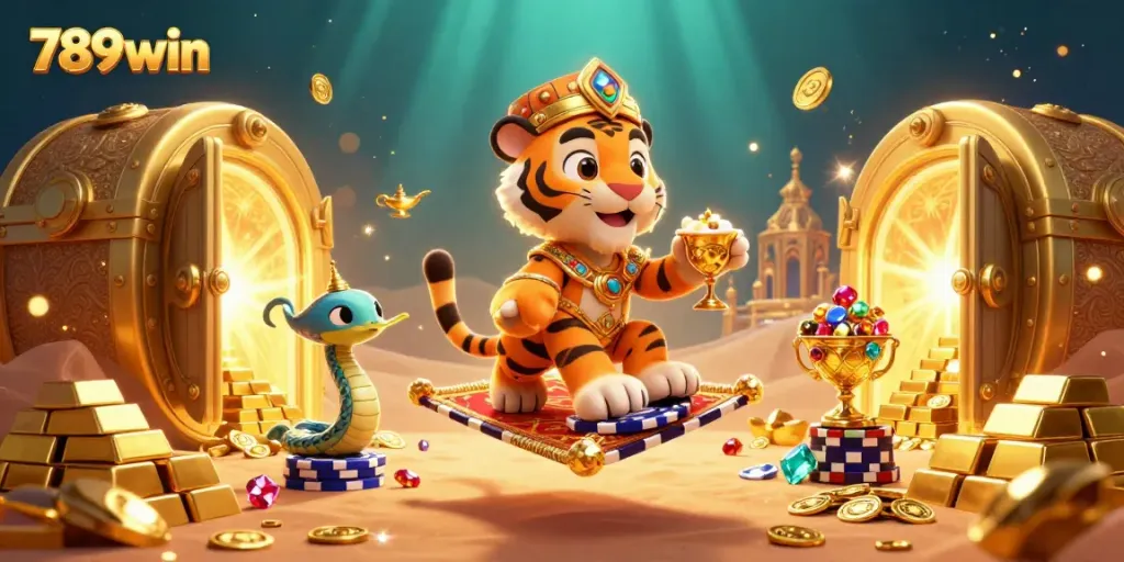 Engage with 789win's vibrant casino adventure featuring dynamic characters and jewels erupting from a treasure vault.
