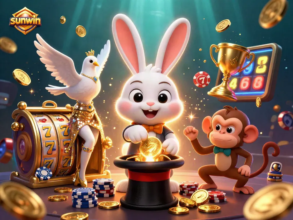Experience the magic of sunwin with a magician rabbit, dove, and monkey amidst golden casino coins.