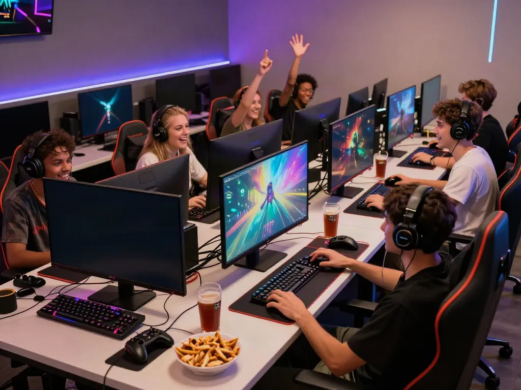 Exciting gaming experience at http://gem88-mobile.com with diverse players enjoying colorful games in a vibrant lounge.