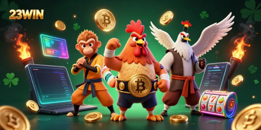 Experience vibrant 3WIN action with a fierce rooster and martial artists amidst digital gambling elements.