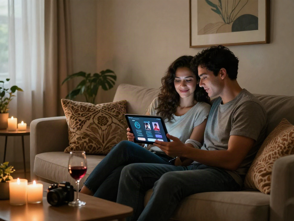 Couple exploring ai sex technology together in cozy living room.