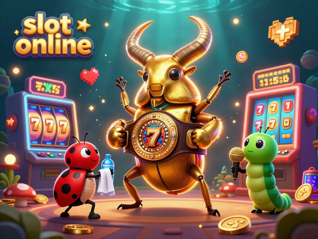 Engage in exciting slot online action with a cartoon beetle champion facing off on a vibrant stage.