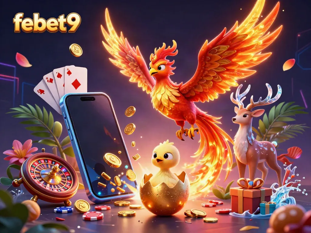 Experience the vibrant world of febet9 with captivating elements of a phoenix and casino games.