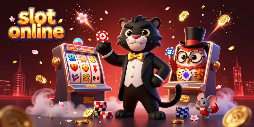 Engage with vibrant slot online gaming atmosphere featuring animated characters and slot machines.