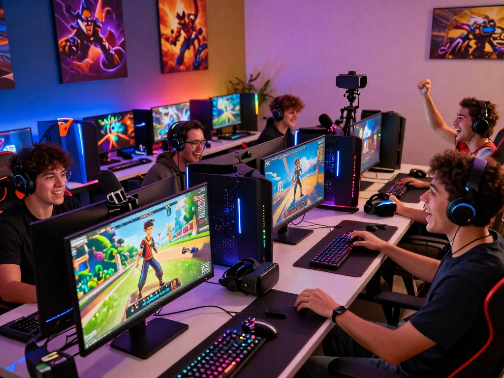 Engaged gamers playing interactive porngames online, vibrant atmosphere and high-end equipment.