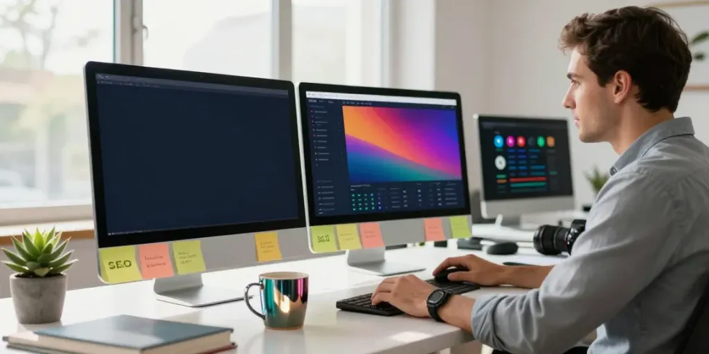 Digital marketing strategist analyzing instant indexing strategies in a modern office.