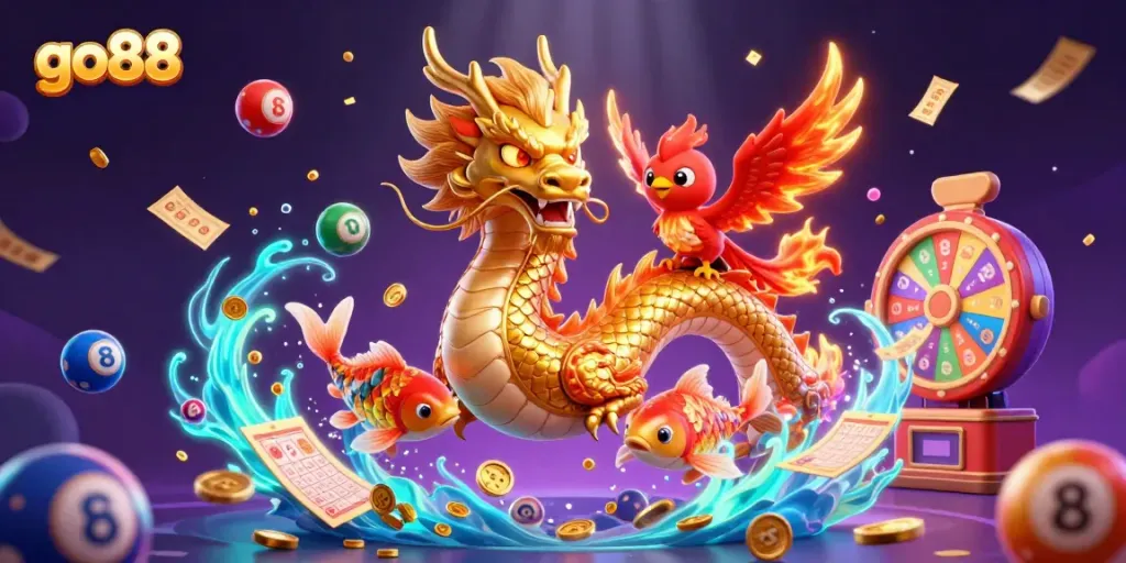 Experience thrilling gameplay with go88 through a vivid illustration of a golden dragon, phoenix, and koi amidst exciting gambling elements.