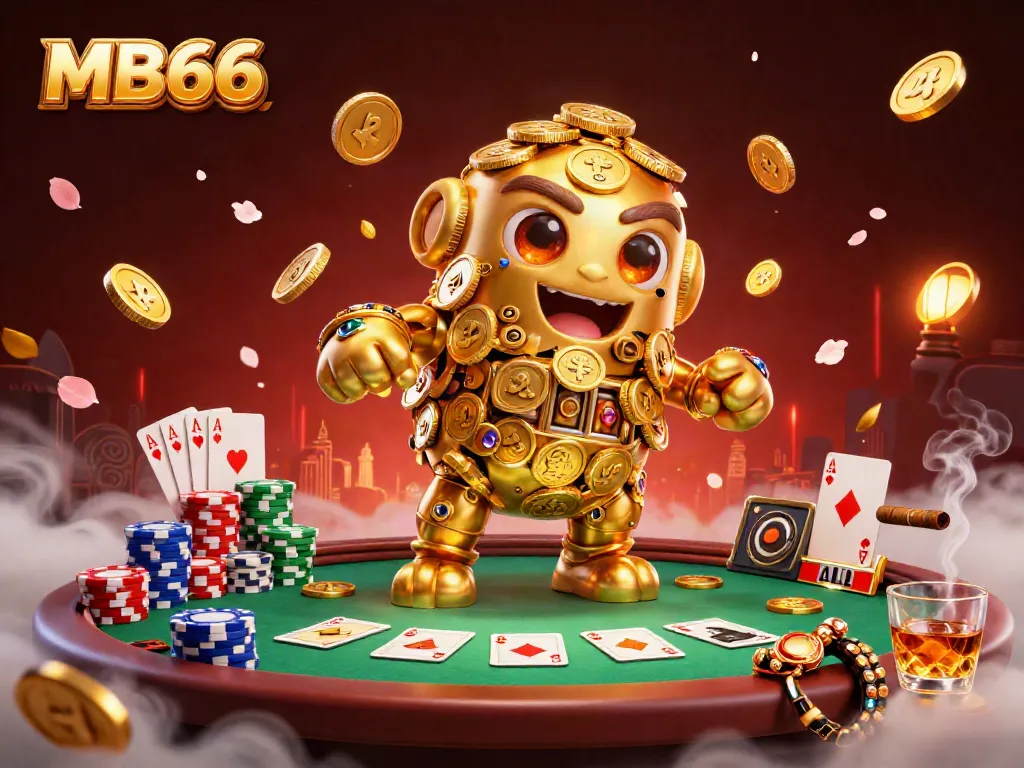 Engaging MB66 casino illustration showing a golden golem surrounded by poker elements and vibrant details.