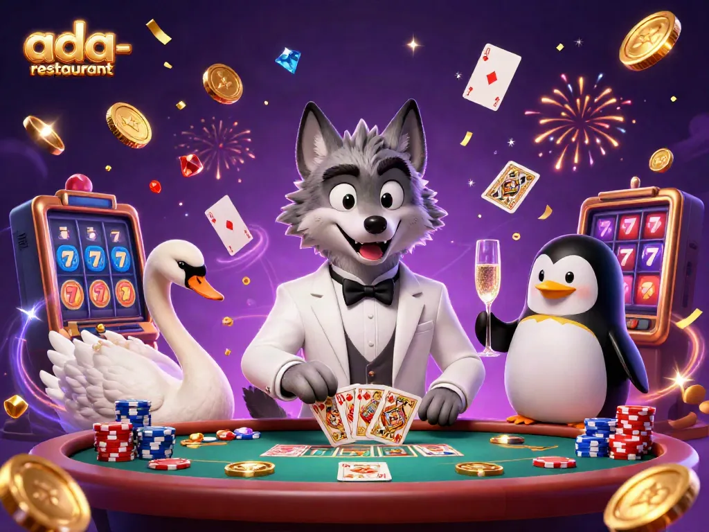 Experience the excitement of winning at ada-restaurant's casino-themed illustration featuring charming characters.