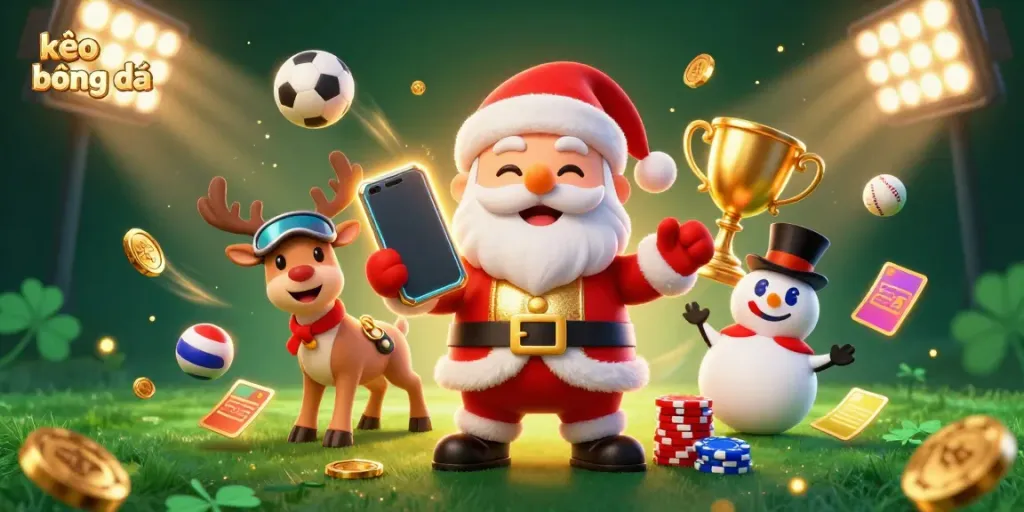 Experience exciting kèo bóng đá with Santa and friends in a dynamic casino scene full of sports energy.