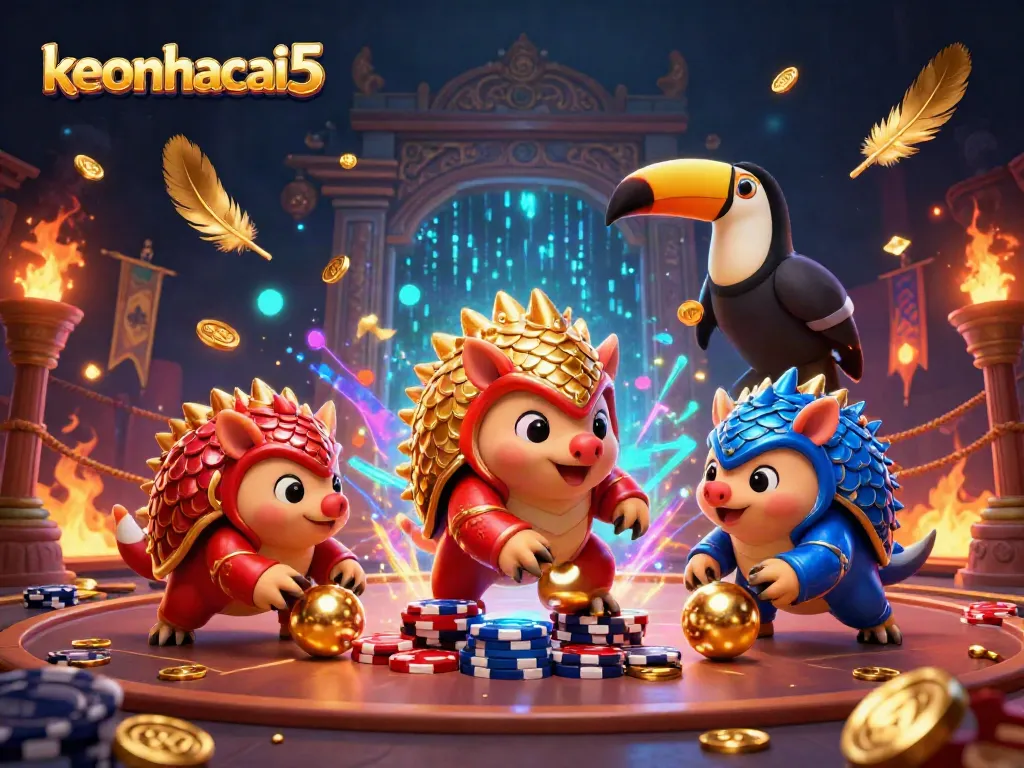 Two rival pangolins compete in a vibrant gambling scene with keonhacai5 branding and dynamic elements.