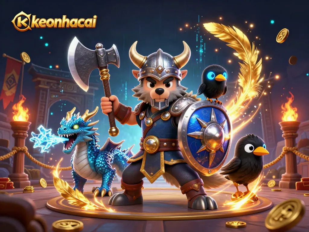 Engage in keonhacai sports betting adventure with a Viking warrior, fierce dragon, and glowing raven.