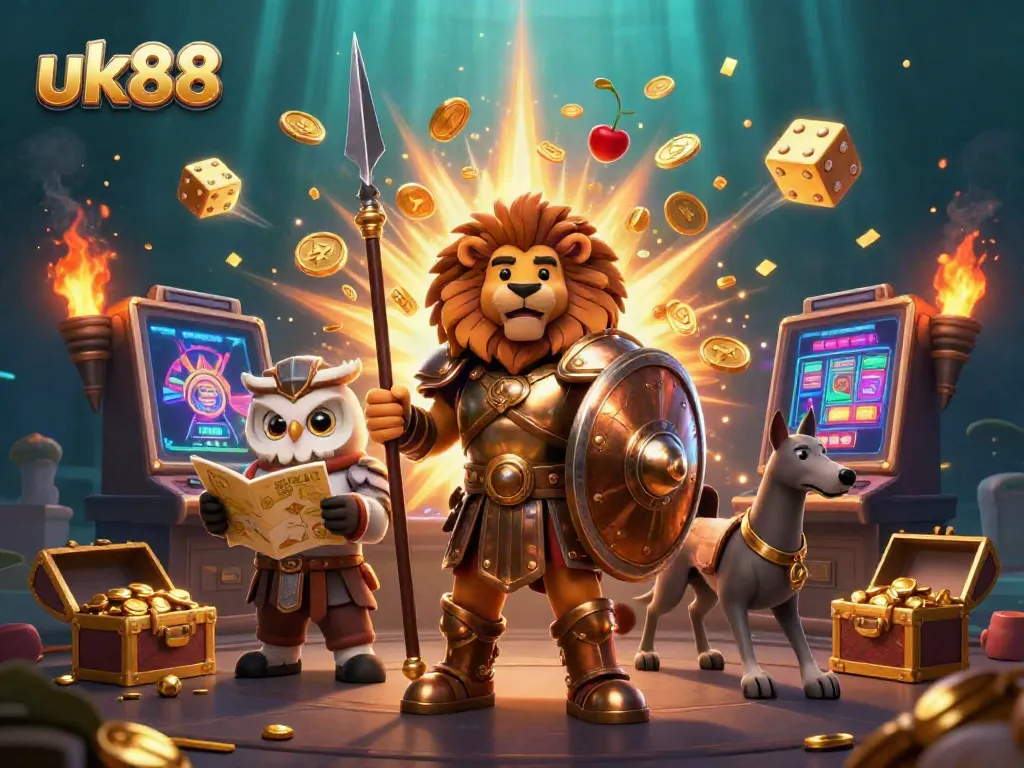 Experience thrilling jackpots and dynamic gaming action at uk88, featuring colorful slot machines and characters.