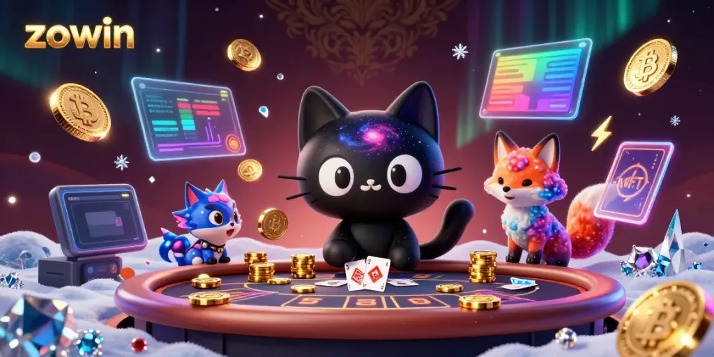 Zowin's cosmic casino with a black hole cat and nebula fox draws in golden chips amidst vibrant cryptocurrency.