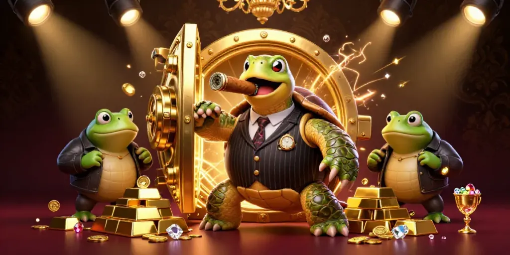 Experience the excitement of Đăng Nhập Hay88 with a vibrant 3D casino scene featuring a turtle mobster surrounded by treasure.