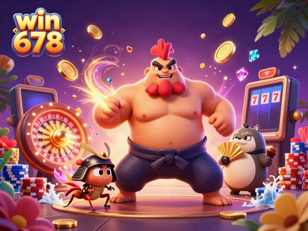 Win 678 features a powerful sumo rooster and a fierce cricket in a dynamic casino scene with colorful game elements.