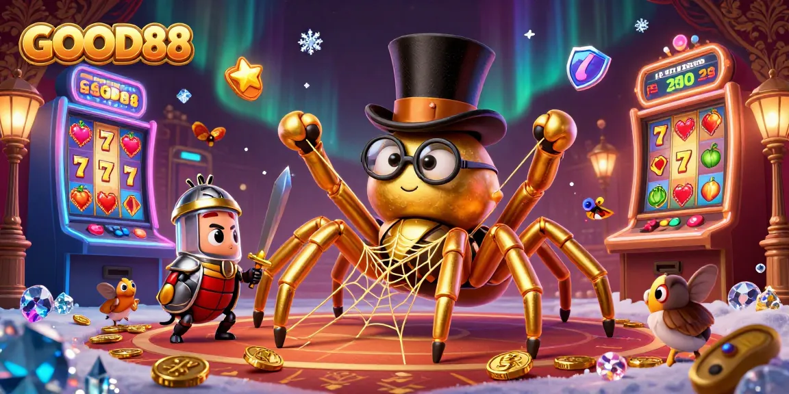 Experience the excitement of GOOD88 with a vibrant casino scene featuring colorful slot machines and whimsical characters.