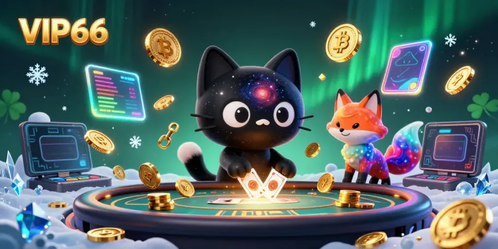 Experience the vibrant world of VIP66 with an exciting cosmic casino scene featuring a black hole cat and a nebula fox.