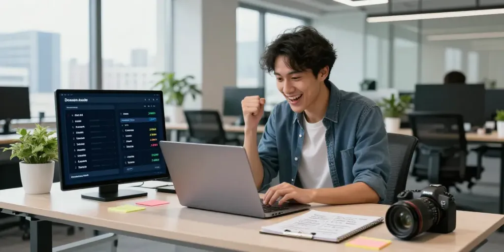 Entrepreneur excitedly searching to buy domain name on laptop in modern office