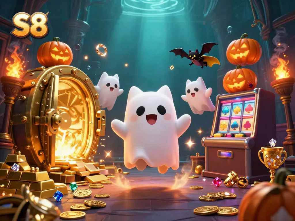 Experience betting fun with S8 at a haunted casino, featuring a ghost cat and treasures.