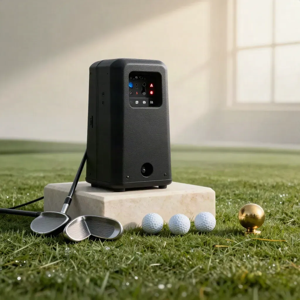 Matte-black golf launch monitor with irons, balls and ball marker on wet turf and stone.