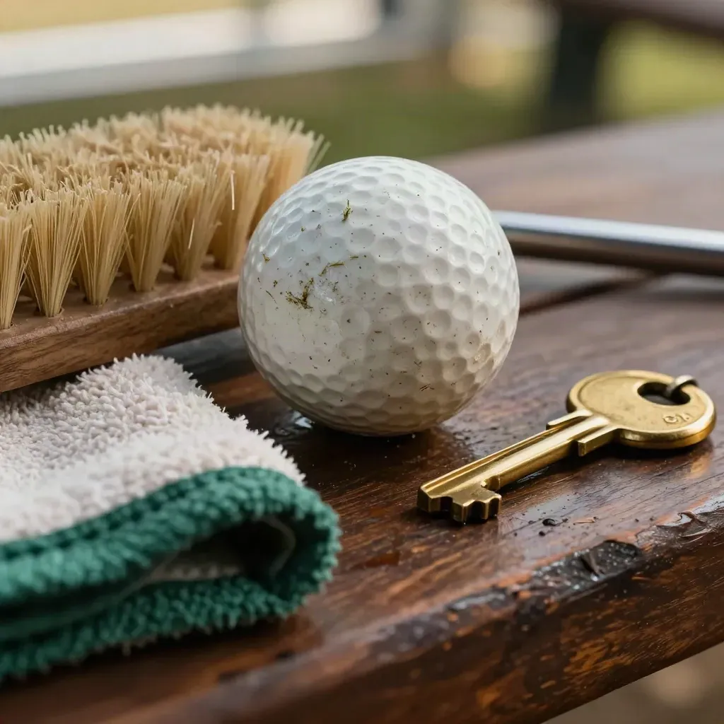 Scuffed golf ball, brass repairer, brush and folded towel on a dark walnut bench with warm bokeh
