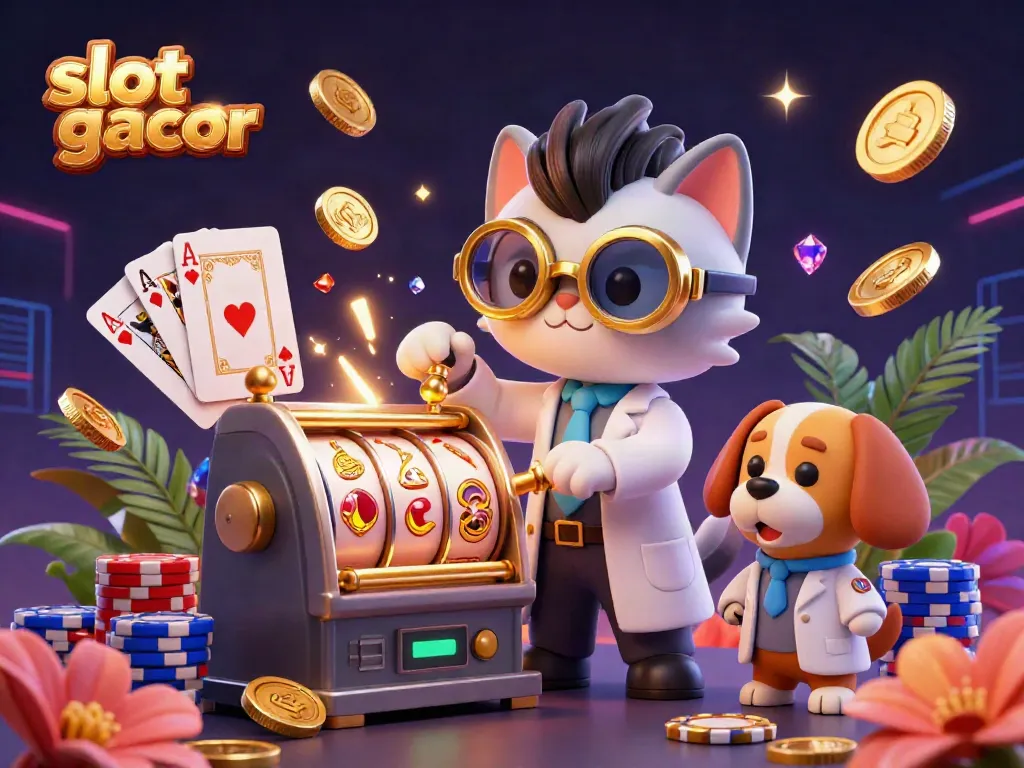 Experience the excitement of slot gacor with vibrant coins and a lively lab scene.