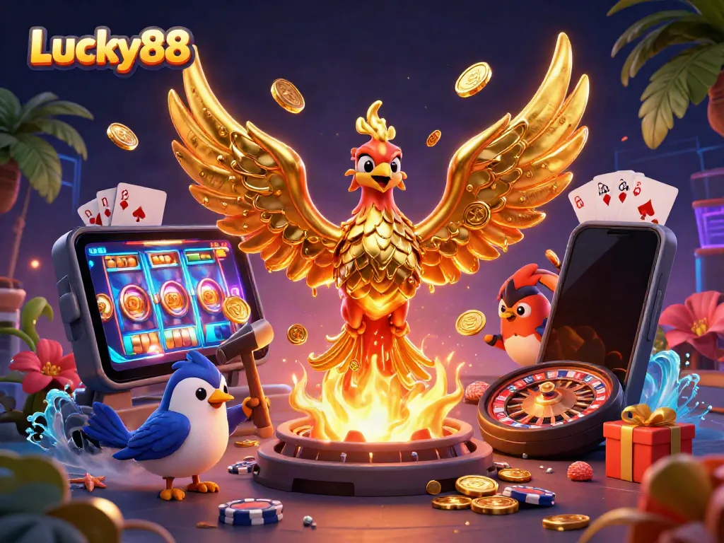 Experience exhilarating wins with Lucky88's vibrant casino-themed illustration featuring golden phoenix and dynamic gaming elements.