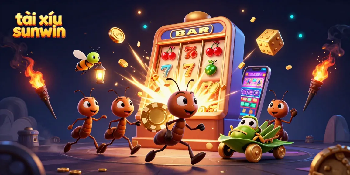 Tactical game illustration highlighting tài xỉu sunwin featuring ants heisting a golden chip amid a jackpot explosion.