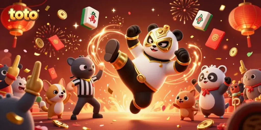 Experience a thrilling toto-themed scene with a flying panda wrestler and vibrant casino elements.