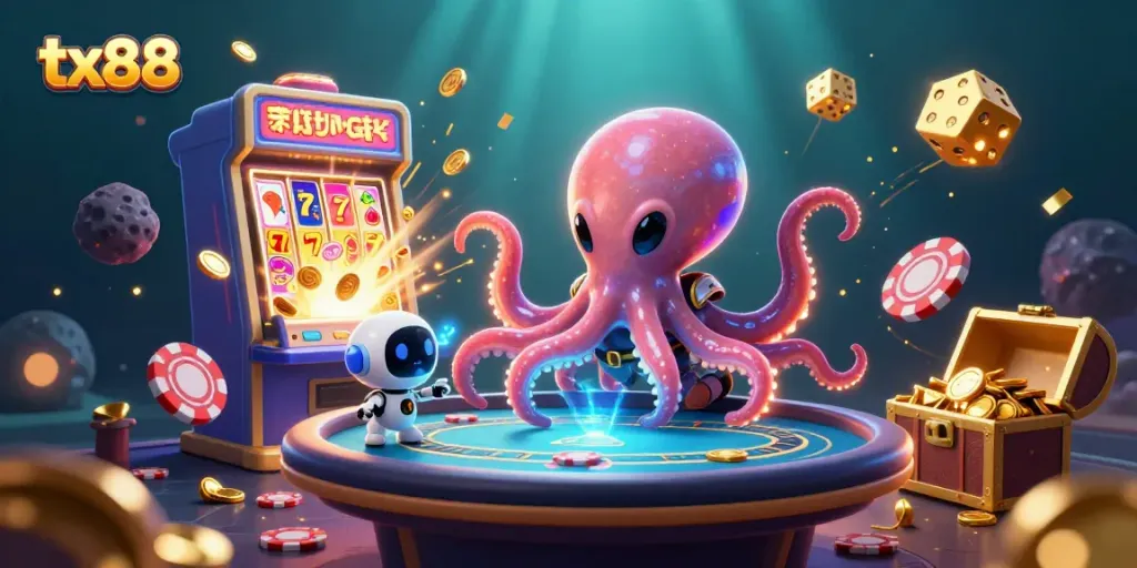 Engage in thrilling tx88 games featuring an alien octopus at a vibrant casino scene.