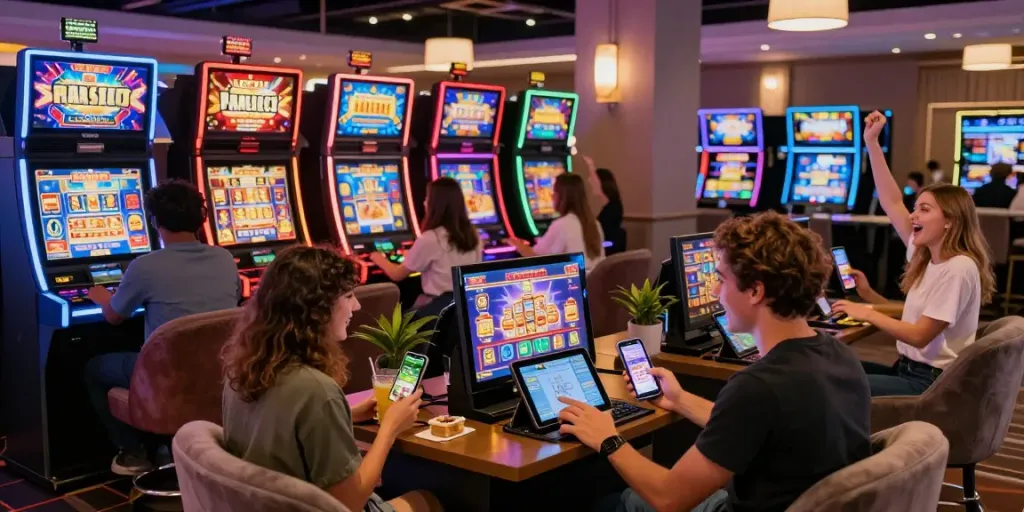 Exciting gaming experience at non gamstop casinos with friends playing slots and enjoying vibrant atmosphere.