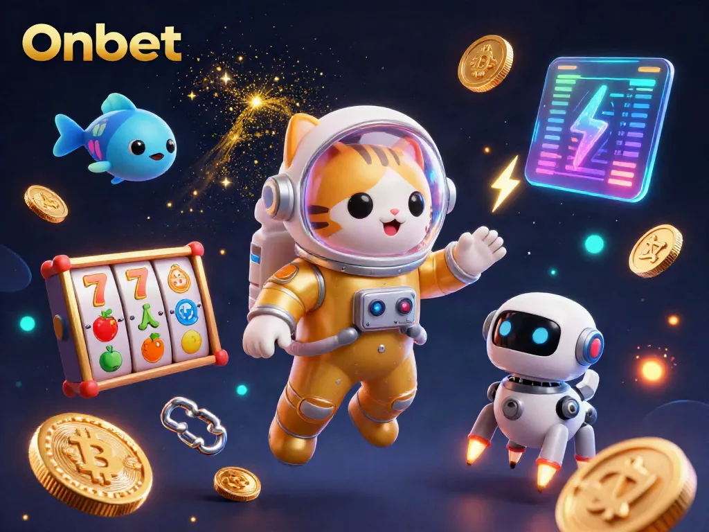 Engage with Onbet's daring slots featuring a cosmic cat and robot dog in a vibrant 3D illustration.