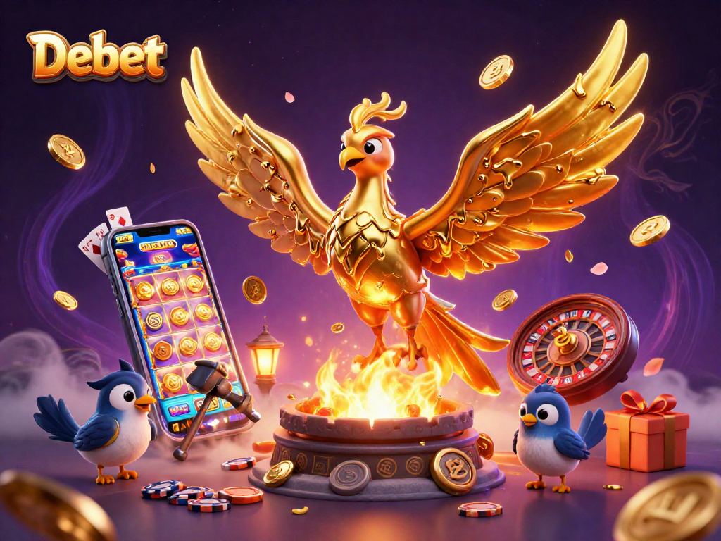 Experience thrilling gameplay with Debet's dynamic golden phoenix illustration and vibrant gaming elements.