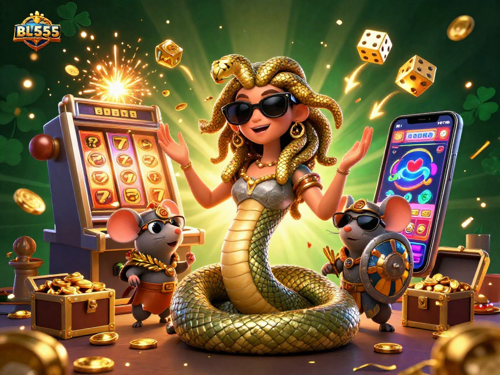 Experience the thrill of winning at BL555 with Medusa and a warrior mouse amidst vibrant casino elements.