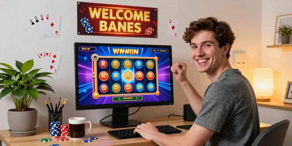 A player enjoying non GamStop casinos celebrates a win in a colorful and engaging online gaming environment.