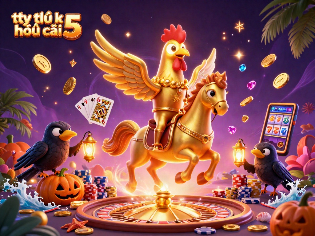 A vibrant scene depicting tỷ lệ kèo nhà cái 5 featuring a golden rooster and spectral horse amidst casino elements.