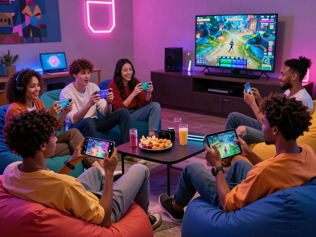 Gamers enjoying a mobile porn game in a vibrant lounge setting with modern devices and colorful lighting.