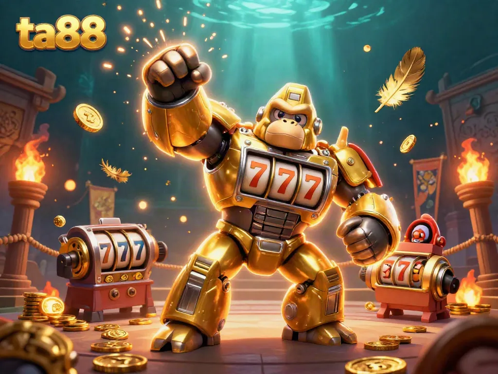 Experience the thrill of ta88 as the golden gorilla mech punches upward surrounded by slot machine excitement.