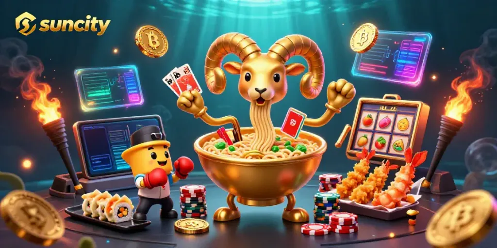 Engage with suncity's thrilling slots as the giant ramen bowl dishes out cards in a vibrant 3D casino world.