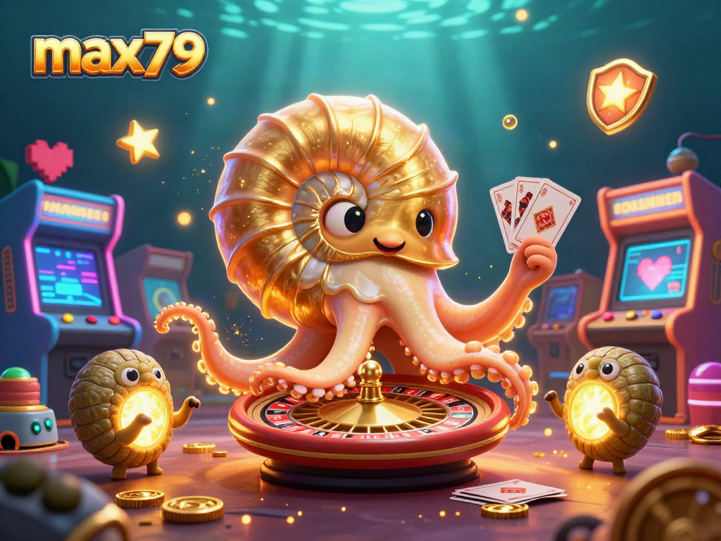 max79 players spin a giant roulette wheel in a vibrant casino scene filled with glowing game elements.