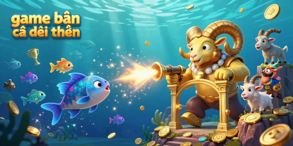 Engage in game bắn cá đổi thưởng with a vibrant underwater scene featuring a dynamic cannon shooting colorful fish and golden elements.