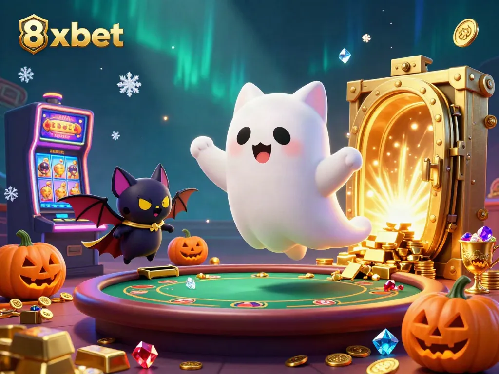 Experience the vibrant excitement of 8xbet casino with glowing characters and treasure-filled surroundings.