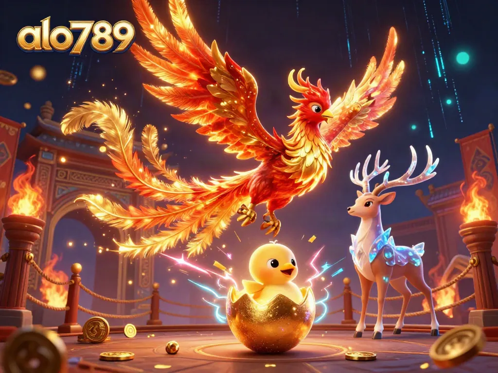 Alo789 showcases a vibrant depiction of a phoenix and mystical stag in a dynamic online casino scene.