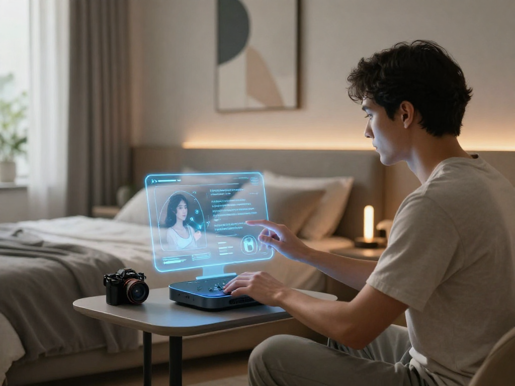 Discovering AI sex technology in a futuristic bedroom, showcasing personalized interaction.