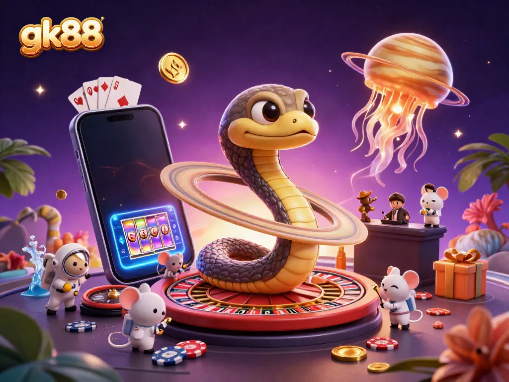 Experience thrilling bets with gk88 as astronaut mice wager on a roulette wheel amidst vibrant cosmic elements.